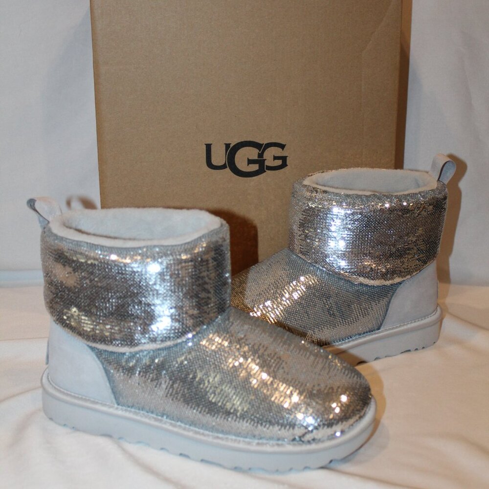 NIB UGG WOMEN'S MINI SEQUIN SPARKLE METALLIC BOOTS SILVER